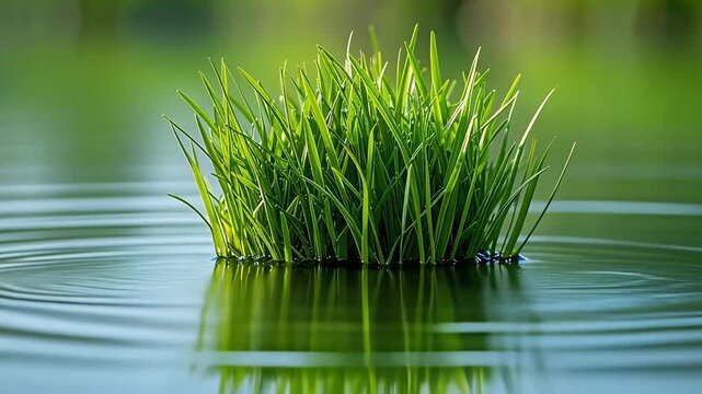 Fresh green grass sprouting from calm water surface symbolizing growth and nature balance