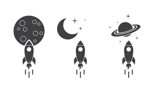 Space Rocket Launch to Moon and Planet Icon Set