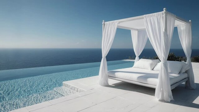 Luxury canopy daybed beside infinity pool with panoramic ocean view
