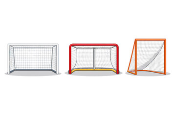 Naklejka premium Sports Equipment Flat Vector Icons Set Featuring a White Soccer Goal, a Red Ice Hockey Net, and an Orange Lacrosse Goal Isolated on White Background for Athletic Competition and Game Design