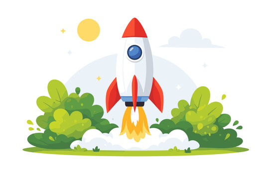 Flat vector illustration of a cartoon rocket ship launching from a lush green garden into the sky, symbolizing innovation, startup growth, creative mission, space exploration, and technology.