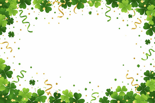 St. Patrick's Day Background Featuring Green Clovers, Gold Confetti, and Festive Streamers. Elegant Frame with White Space for Custom Text, Greeting Cards, Invitations, and Irish Celebrations.