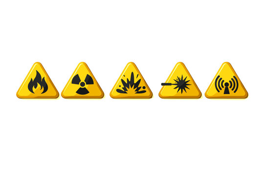 Set of 3D Yellow Triangular Hazard Warning Icons with Industrial Safety Symbols Including Flammable Fire, Radioactive Radiation, Explosive Blast, Laser Beam, and Radio Frequency Signal Icons