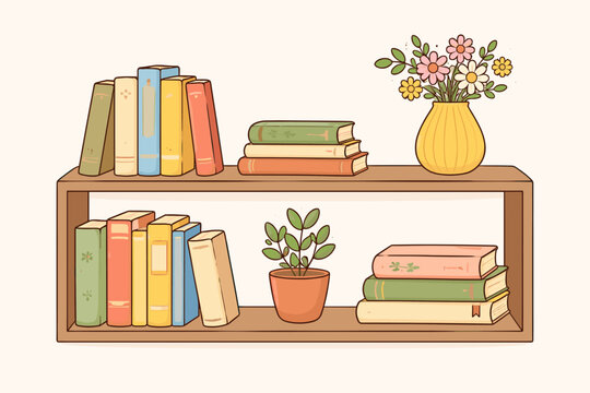 Hand-drawn bookshelf with arranged colorful books, a yellow flower vase, and a small potted plant. Simple flat vector illustration for library, reading, home decor, and education concepts.