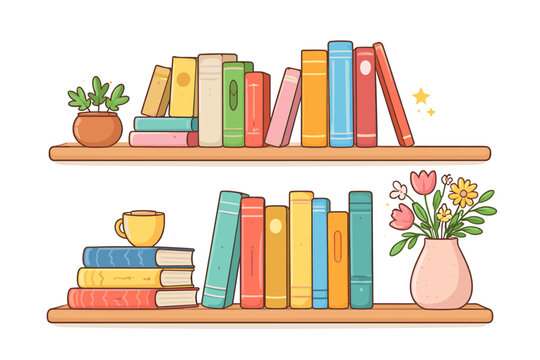 Hand Drawn Vector Illustration of Two Wooden Bookshelves with Arranged Colorful Books, a Potted Plant, a Cup of Coffee, and a Vase of Flowers, Simple Flat Design for Library or Home Decor
