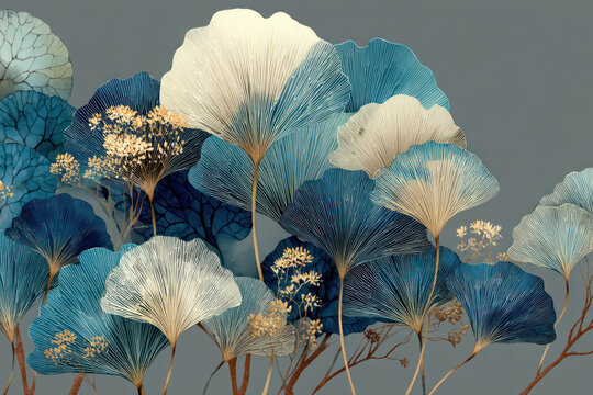 Botanical Abstract Ginkgo Leaves in Blue and Beige Minimalist Decorative Background
