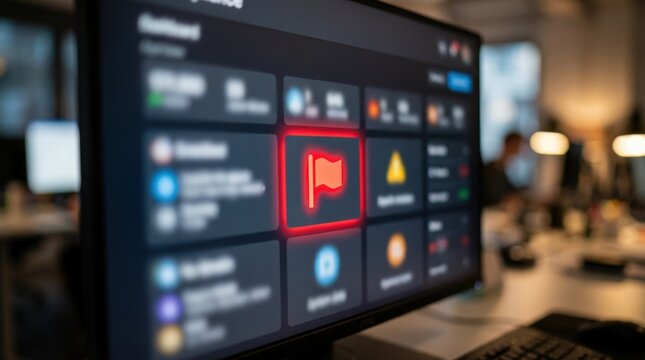 Closeup of a compliance system dashboard featuring a flashing red flag for plan testing errors with the rest of the interface softly out of focus.