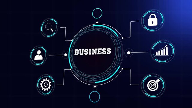 Professional business development concept with futuristic digital interface, glowing corporate icons and abstract data network for strategic growth animation