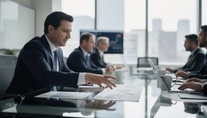 Fototapeta premium Engaged brokers around a conference table during a morning strategy meeting foreground subject in crisp detail while the rest of the team and room remain quietly blurred.