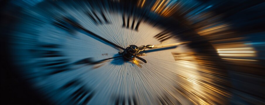 Close up of an antique vintage clock face with dramatic zoom motion blur and roman numerals in blue and warm lighting, concept for time management, deadline pressure and historical transitions