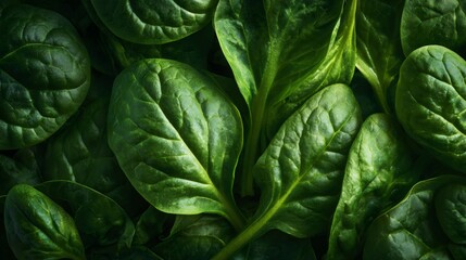 Fototapeta premium Fresh green spinach leaves with water droplets. Closeup of organic vegetable symbolizing health and nutrition. Natural freshness concept for healthy eating and farming imagery in diet promotions.