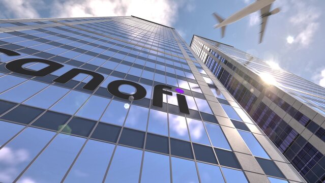 Sanofi lettering stretching across a mirrored building surface, an illustrative editorial 3d rendering