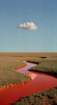 Serene landscape with red river and lone cloud in vast open field under blue sky