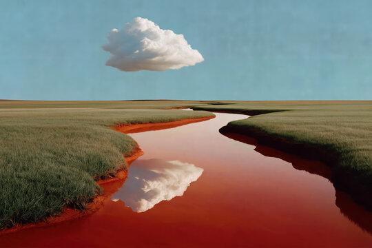 Surreal landscape with floating cloud and reflective red river under blue sky