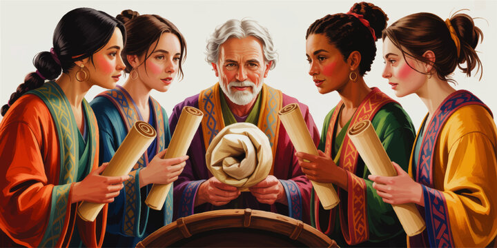 Diverse ancient scribes studying sacred scrolls with elder teacher, colorful historical illustration of knowledge, culture, and learning