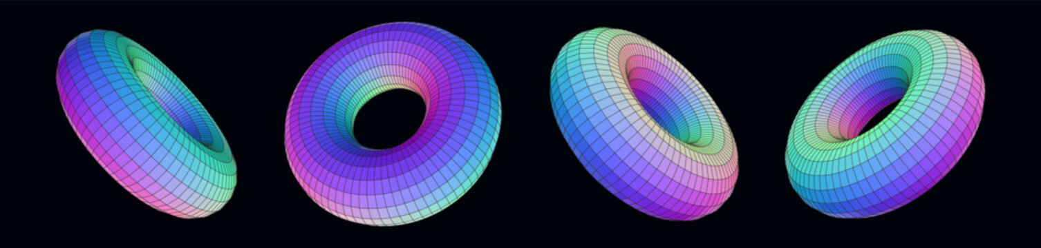 Y2k gradient shapes. Set rainbow torus ribbed effect. 3d shape spectrum neon gradation color. Vector illustration element for retro futuristic design