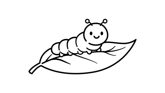 Cute smiling caterpillar on a leaf minimalist black line vector icon. Hand-drawn illustration with editable stroke and adjustable line weight for nature, garden, and insect themed design projects.