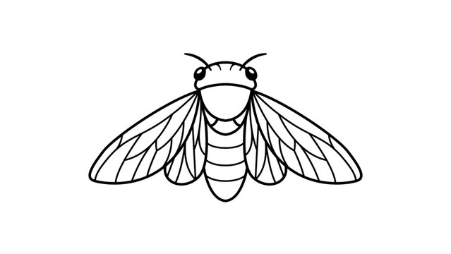 Minimalist black line vector icon of a cicada insect, hand-drawn outline illustration on white background, scalable graphic for nature, summer, and biology design projects, simple bug symbol.