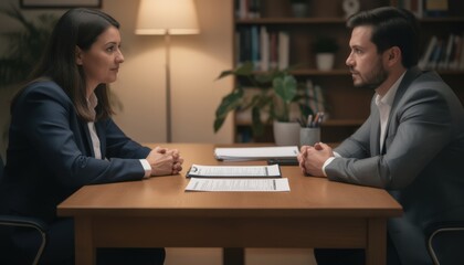 Fototapeta premium Insurance agent reviewing life insurance policy with client in cozy office document edges in focus softfocus surroundings enhancing intimate consultation vibe.