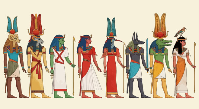 Ancient Egyptian Gods Pantheon Gods and Goddesses Lineup Illustration
