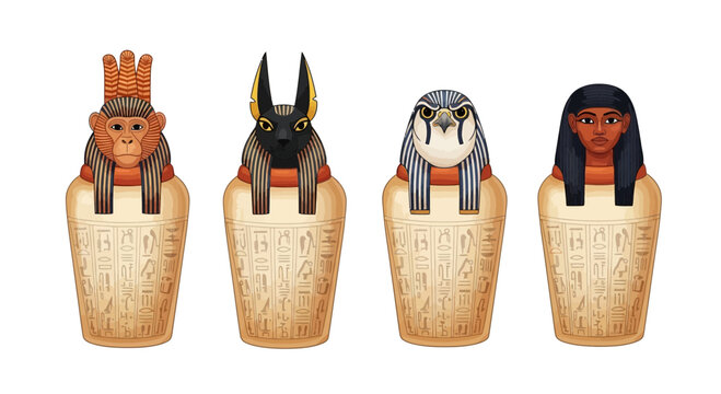 Four Egyptian Canopic Jars with Animal and Human Heads on White Background