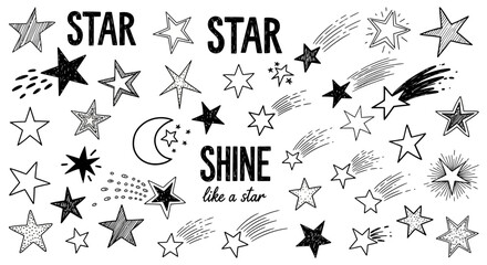 Obraz premium Hand Drawn Stars and Moon Doodles, Shooting Stars, Wishes, Sparkle, Celestial Elements