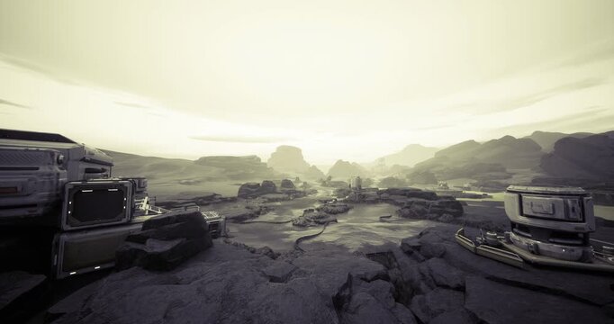 golden dawn over cracked desert basin with tracked vehicle and erosion gullies, hazy mountains framing distant horizon, warm light casting long shadows