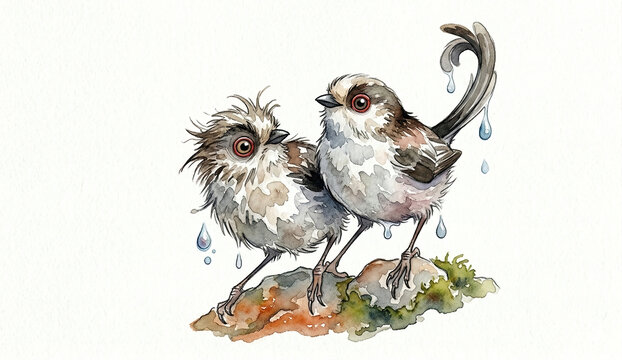 A watercolor caricature of two small birds (Long-tailed Tits / Aegithalos caudatus) with funny, disheveled feathers, soaked from the rain.