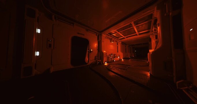 red ambient engine corridor with low glow, metal ribs and service panels lining narrow walkway, valve clusters and gauge shadows creating industrial mood