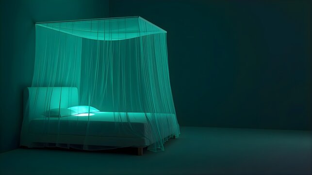 3D glowing green mosquito net protecting an empty white bed