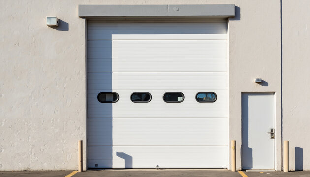 Modern warehouse door with small windows and side entrance   