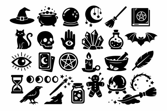 Black witchcraft and magic glyph icons set for mystical practices and occult rituals featuring cauldron, crystal ball, tarot cards, skull, potion, broomstick, raven, bat, and voodoo doll symbols.