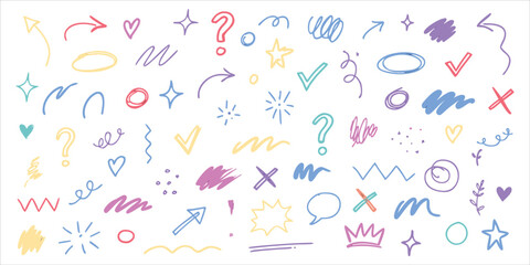 Obraz premium Hand drawn doodle icon set vector. Colorful sketch symbols including arrows stars hearts checkmarks and speech shapes for creative accents. Playful minimal elements for design notes decoration and int
