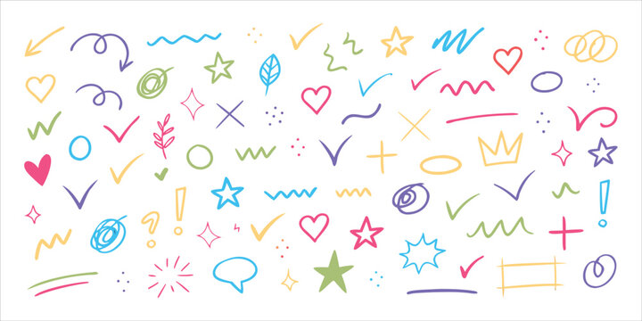Hand drawn doodle icon set vector. Colorful sketch symbols including arrows stars hearts checkmarks and speech shapes for creative accents. Playful minimal elements for design notes decoration and int