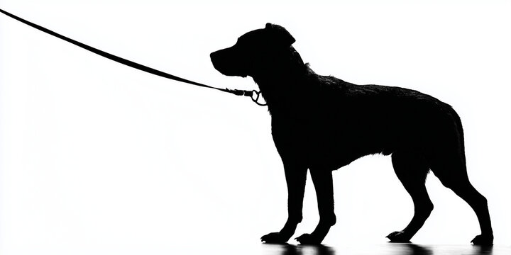 silhouette of a a dog on a leash completely white background