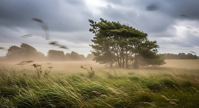 &ldquo;Powerful Wind Storm Over Landscape with Bending Trees and Flying Leaves&rdquo;
