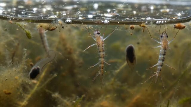 Extreme macro of mosquito larvae and pupae in stagnant water. Scientific view of Culex pipiens life cycle in murky liquid, highlighting health risks, pest control, and disease prevention.
