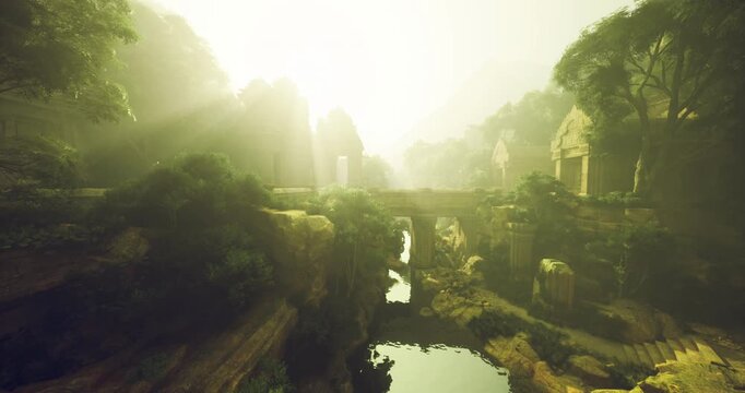 Aerial panorama of bridge and jungle gorge with layered cliffs and soft sunlight suited for drone survey, mapping project and travel editorial imagery.