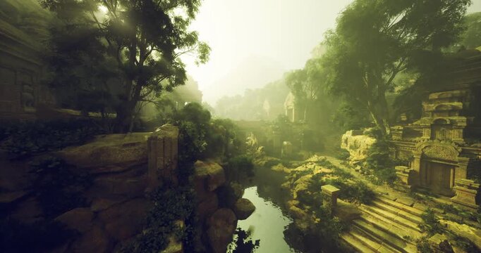 mist filled gorge framed by cliffs and terraced stone, soft diffuse light creates layered silhouettes, reflective water thread through shadowed crevices, mood