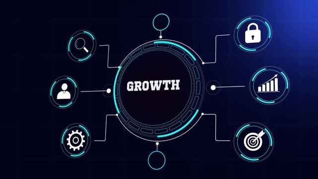 Professional business growth concept with futuristic digital interface, glowing corporate icons and abstract data network for strategic expansion visualization