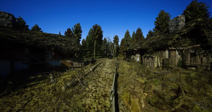 mossy cottage roofs beneath clear sky, collapsed wooden fence and grassy ditch lead into evergreen grove, sunlit textures and quiet rewilding evoke nostalgic