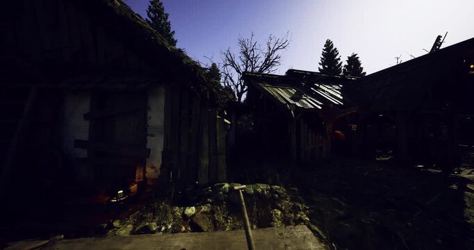 Abandoned street boasting fading cobblestones and hidden greenery, Village scene at sunset featuring deteriorating rooftops and overgrown plants