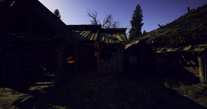 glowing hearth inside abandoned lodge charred beams scattered debris warm ember glow suggests recent activity arson investigator or storyteller setting
