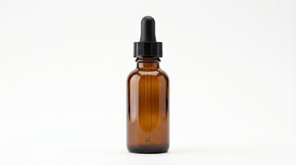 Fototapeta premium Amber glass dropper bottle, empty, isolated, brown medicine bottle