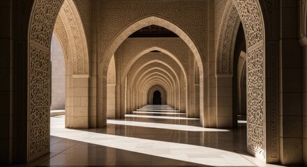 Obraz premium Majestic Arches Corridor, Intricate Patterns, Sunlight and Shadows, Grand Architecture