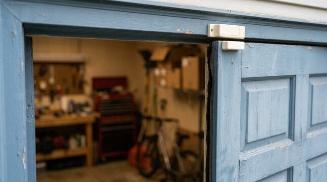Medium shot of doorwindow sensor on garage entry with blurred interior setups demonstrating smart IoT intrusion detection supporting insurer loss control.