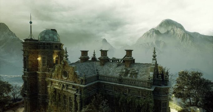 frosted rooftop mansion beneath pale winter dawn. delicate ice crystals coat ornate turrets and chimneys, soft powder on slate tiles contrasts with warm window