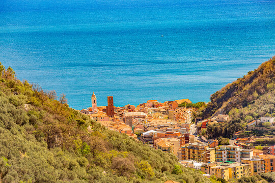  Aerial panoramic view of Noli, Liguria, province of Savona, Italy. Riviera dei Fiori. Fishermen's Beach. Maritime Republic