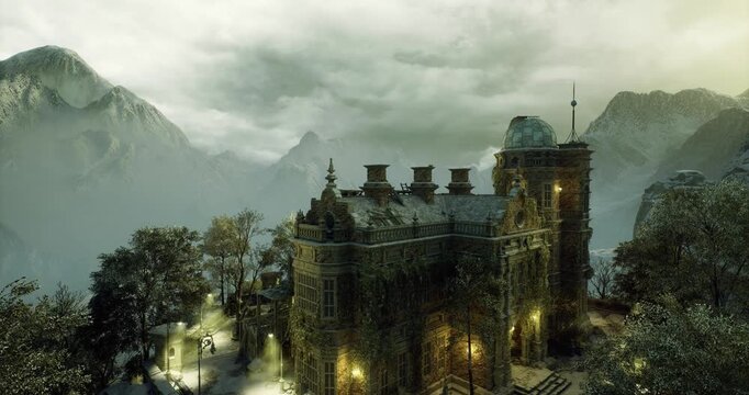 winter rooftop under pale fog and snow, cold stone surfaces dusted with frost, distant mountain silhouettes fading into mist, haunting melancholic atmosphere