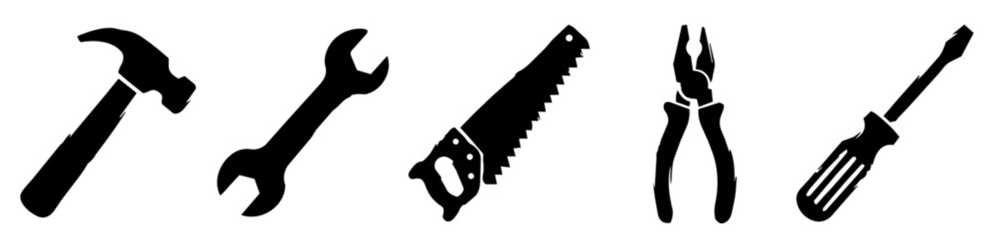 Hand tools set including hammer, wrench, saw, pliers and screwdriver. Minimalist black silhouette icons